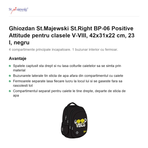 Ghiozdan St.Majewski St.Right BP-06 Positive Attitude pentru clasele V-VIII, 42x31x22 cm, 23 l, negru [1]