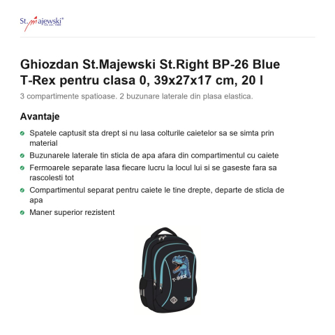 Ghiozdan St.Majewski St.Right BP-26 Blue T-Rex pentru clasa 0, 39x27x17 cm, 20 l [1]