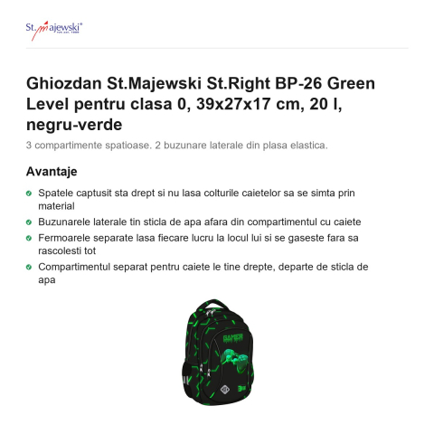 Ghiozdan St.Majewski St.Right BP-26 Green Level pentru clasa 0, 39x27x17 cm, 20 l, negru-verde [1]