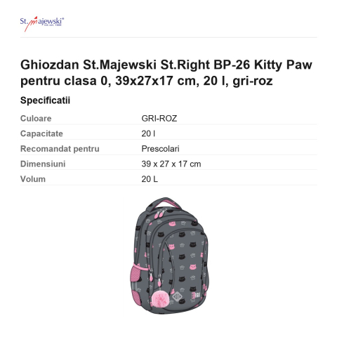 Ghiozdan St.Majewski St.Right BP-26 Kitty Paw pentru clasa 0, 39x27x17 cm, 20 l, gri-roz [2]