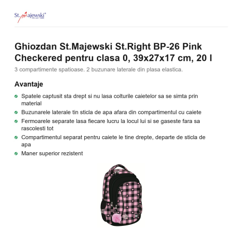 Ghiozdan St.Majewski St.Right BP-26 Pink Checkered pentru clasa 0, 39x27x17 cm, 20 l [1]