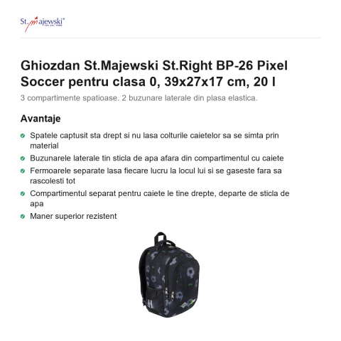 Ghiozdan St.Majewski St.Right BP-26 Pixel Soccer pentru clasa 0, 39x27x17 cm, 20 l [1]