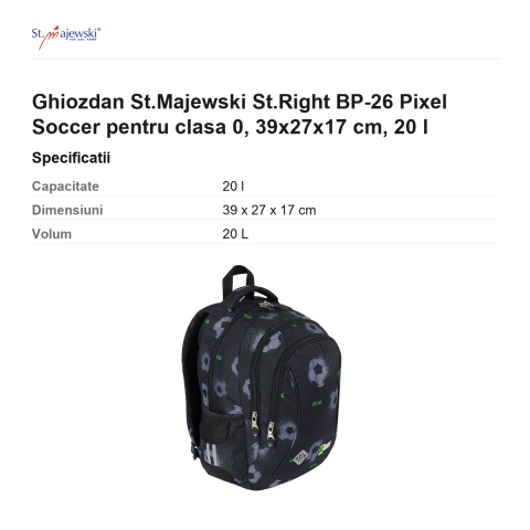 Ghiozdan St.Majewski St.Right BP-26 Pixel Soccer pentru clasa 0, 39x27x17 cm, 20 l [2]