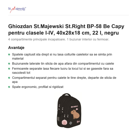 Ghiozdan St.Majewski St.Right BP-58 Be Capy pentru clasele I-IV, 40x28x18 cm, 22 l, negru [1]