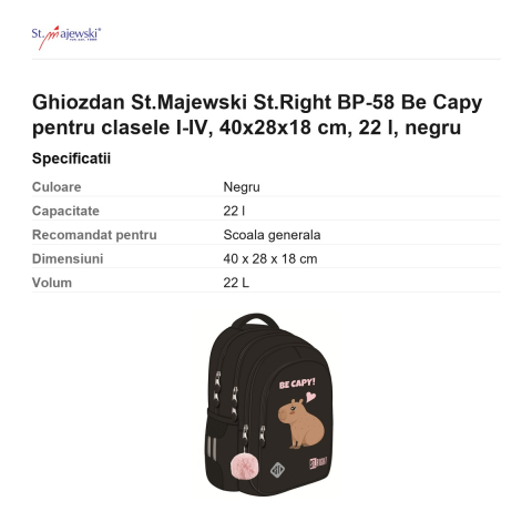 Ghiozdan St.Majewski St.Right BP-58 Be Capy pentru clasele I-IV, 40x28x18 cm, 22 l, negru [2]