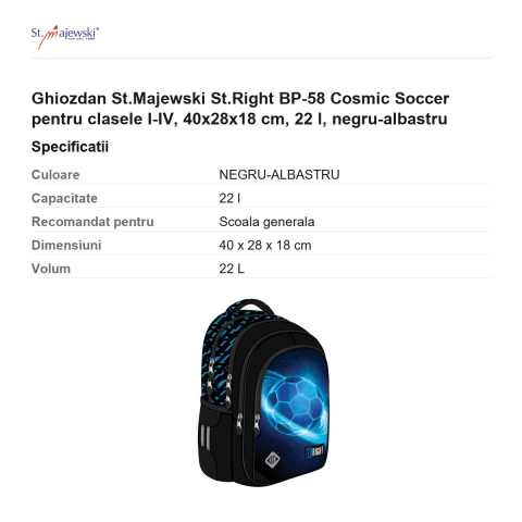 Ghiozdan St.Majewski St.Right BP-58 Cosmic Soccer pentru clasele I-IV, 40x28x18 cm, 22 l, negru-albastru [2]