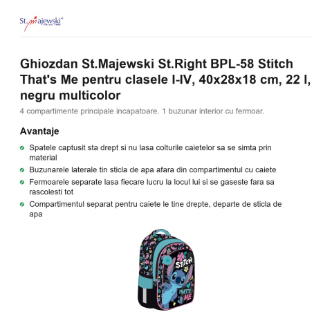 Ghiozdan St.Majewski St.Right BPL-58 Stitch That's Me pentru clasele I-IV, 40x28x18 cm, 22 l, negru multicolor [1]