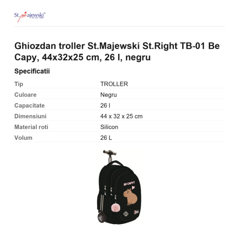 Ghiozdan troller St.Majewski St.Right TB-01 Be Capy, 44x32x25 cm, 26 l, negru [2]