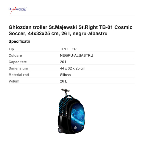 Ghiozdan troller St.Majewski St.Right TB-01 Cosmic Soccer, 44x32x25 cm, 26 l, negru-albastru [2]