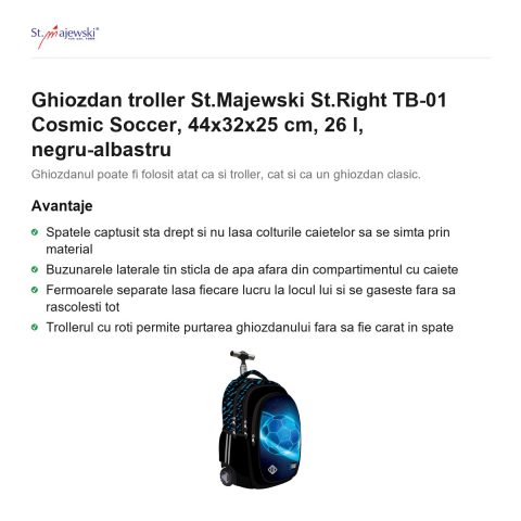 Ghiozdan troller St.Majewski St.Right TB-01 Cosmic Soccer, 44x32x25 cm, 26 l, negru-albastru [1]