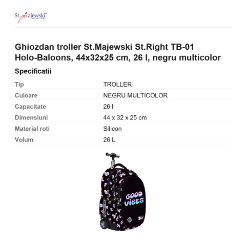Ghiozdan troller St.Majewski St.Right TB-01 Holo-Baloons, 44x32x25 cm, 26 l, negru multicolor [2]