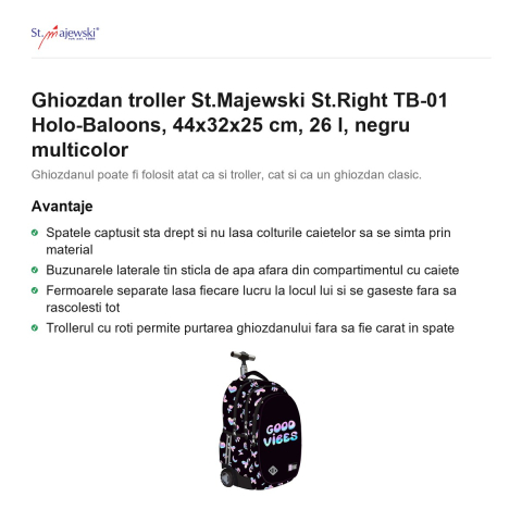 Ghiozdan troller St.Majewski St.Right TB-01 Holo-Baloons, 44x32x25 cm, 26 l, negru multicolor [1]