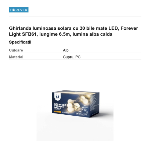 Ghirlanda luminoasa solara cu 30 bile mate LED, Forever Light SFB61, lungime 6.5m, lumina alba calda [2]