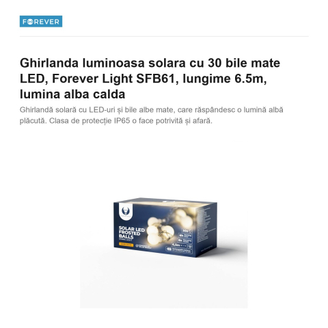 Ghirlanda luminoasa solara cu 30 bile mate LED, Forever Light SFB61, lungime 6.5m, lumina alba calda [1]