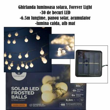 Ghirlanda luminoasa solara cu 30 de becuri LED, Forever Light 94580, 6.5m lungime, panou solar, acumulator, lumina calda, alb mat [5]