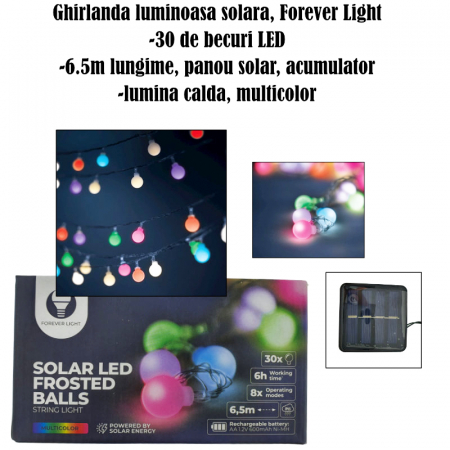 Ghirlanda luminoasa solara cu 30 de becuri LED, Forever Light 94589, 6.5m lungime, panou solar, acumulator, lumina calda, multicolor [5]