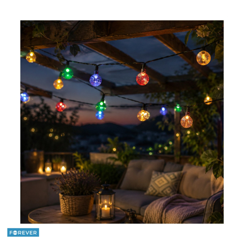 Instalatii de Craciun - Ghirlanda luminoasa solara cu 30 globuri „Crystal Balls” multicolore LED, Forever Light SCB61, lungime 6.5m, lumina colorata