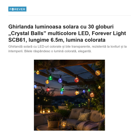 Ghirlanda luminoasa solara cu 30 globuri „Crystal Balls” multicolore LED, Forever Light SCB61, lungime 6.5m, lumina colorata [1]