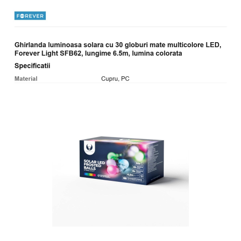 Ghirlanda luminoasa solara cu 30 globuri mate multicolore LED, Forever Light SFB62, lungime 6.5m, lumina colorata [2]