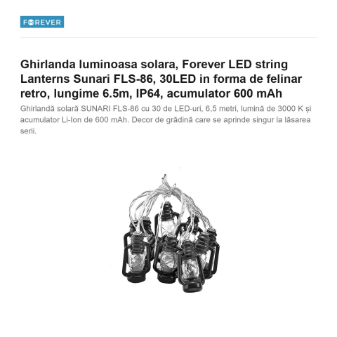 Ghirlanda luminoasa solara, Forever LED string Lanterns Sunari FLS-86, 30LED in forma de felinar retro, lungime 6.5m, IP64, acumulator 600 mAh [1]
