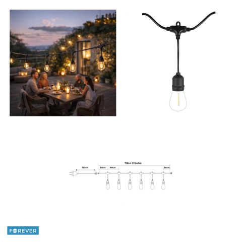 Ghirlanda luminoasa solara, Forever Light LED 230V FLM-200, lungime 7.2 m, 10 becuri cu filament E27 S14, 2700K, 850lm, distanta intre becuri 60cm, IP54 [3]
