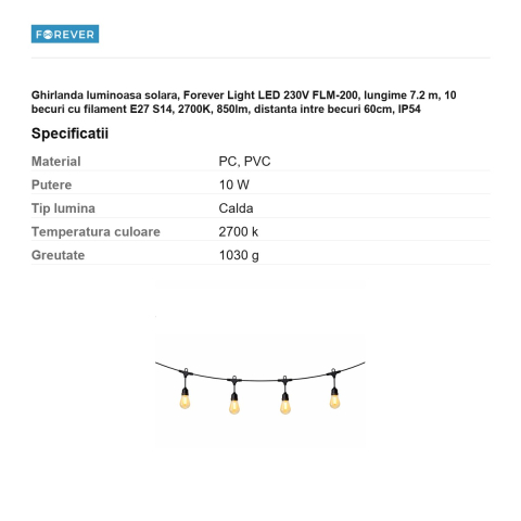 Ghirlanda luminoasa solara, Forever Light LED 230V FLM-200, lungime 7.2 m, 10 becuri cu filament E27 S14, 2700K, 850lm, distanta intre becuri 60cm, IP54 [2]