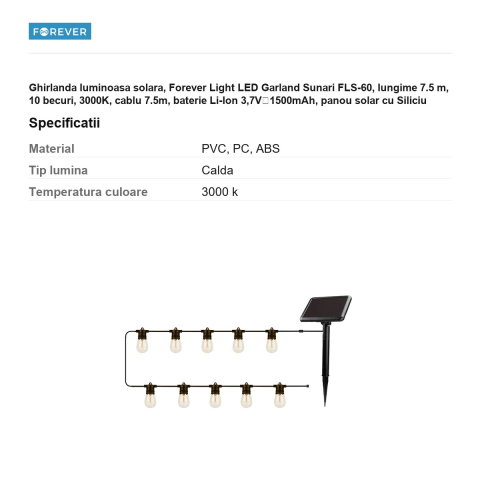 Ghirlanda luminoasa solara, Forever Light LED Garland Sunari FLS-60, lungime 7.5 m, 10 becuri, 3000K, cablu 7.5m, baterie Li-Ion 3,7V⎓1500mAh, panou solar cu Siliciu amorf acoperit cu sticla, distanta [2]
