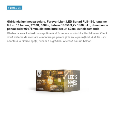 Ghirlanda luminoasa solara, Forever Light LED Sunari FLS-180, lungime 8.5 m, 10 becuri, 2700K, 300lm, baterie 18650 3,7V 1800mAh, dimensiune panou solar 90x75mm, distanta intre becuri 60cm, cu telecom [1]