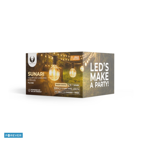 Lampi solare - Ghirlanda luminoasa solara, Forever Light LED Sunari FLS-180, lungime 8.5 m, 10 becuri, 2700K, 300lm, baterie 18650 3,7V 1800mAh, dimensiune panou solar 90x75mm, distanta intre becuri 60cm, cu telecom
