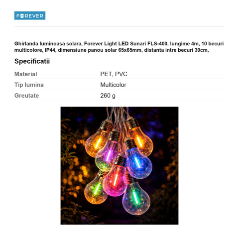 Ghirlanda luminoasa solara, Forever Light LED Sunari FLS-400, lungime 4m, 10 becuri multicolore, IP44, dimensiune panou solar 65x65mm, distanta intre becuri 30cm, lumina ambientala [2]