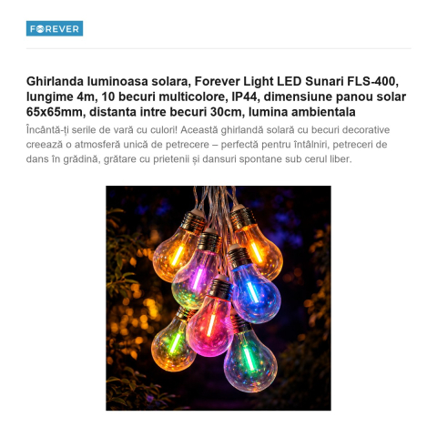 Ghirlanda luminoasa solara, Forever Light LED Sunari FLS-400, lungime 4m, 10 becuri multicolore, IP44, dimensiune panou solar 65x65mm, distanta intre becuri 30cm, lumina ambientala [1]
