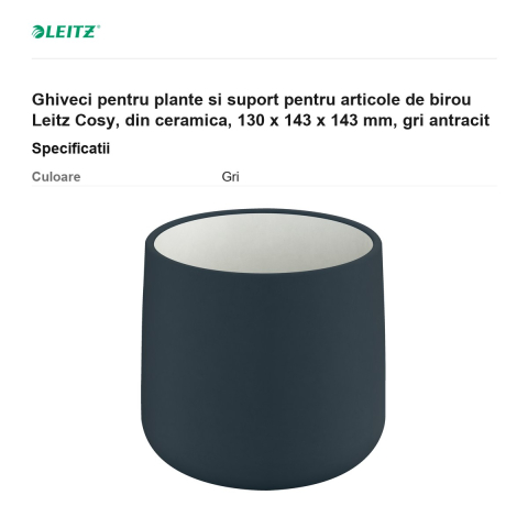 Ghiveci pentru plante si suport pentru articole de birou Leitz Cosy, din ceramica, 130 x 143 x 143 mm, gri antracit [2]
