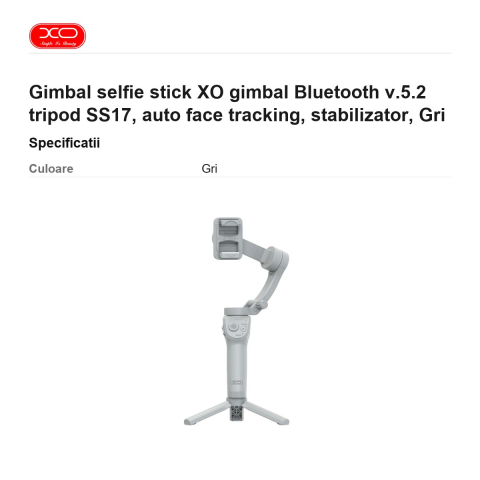 Gimbal selfie stick XO gimbal Bluetooth v.5.2 tripod SS17, auto face tracking, stabilizator, Gri [2]