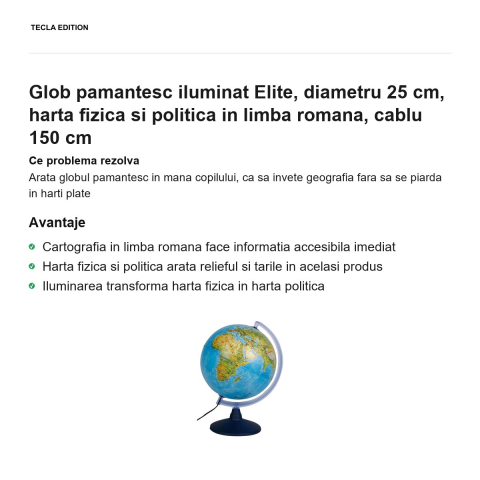 Glob pamantesc iluminat Elite, diametru 25 cm, harta fizica si politica in limba romana, cablu 150 cm [1]