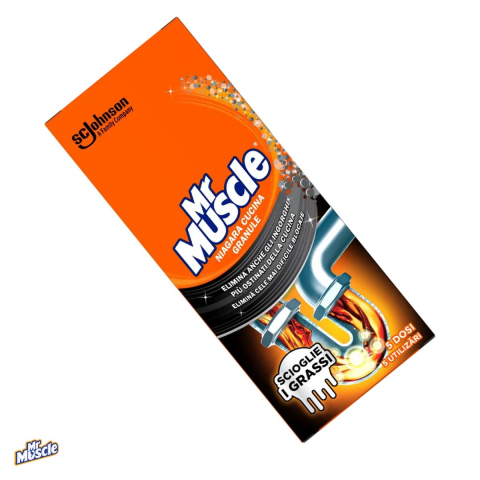 Menaj - Granule pentru desfundat tevi Mr. Muscle 250 g, formula concentrata care dizolva parul, grasimea si sapunul in 15 minute, nu ataca tevile