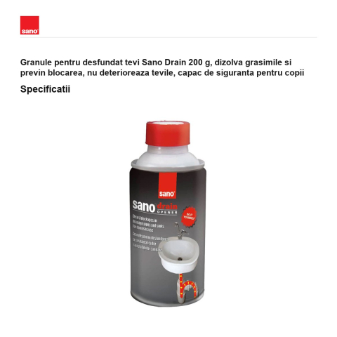 Granule pentru desfundat tevi Sano Drain 200 g, dizolva grasimile si previn blocarea, nu deterioreaza tevile, capac de siguranta pentru copii [2]