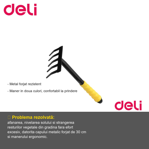 Grebla de gradina Deli, 30 cm, metal forjat rezistent, maner bicolor ergonomic [1]