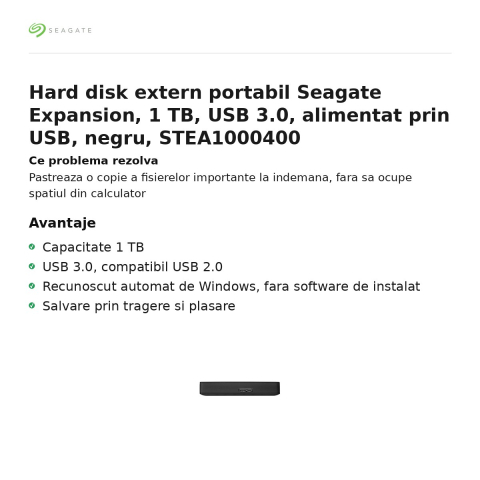 Hard disk extern portabil Seagate Expansion, 1 TB, USB 3.0, alimentat prin USB, negru, STEA1000400 [1]