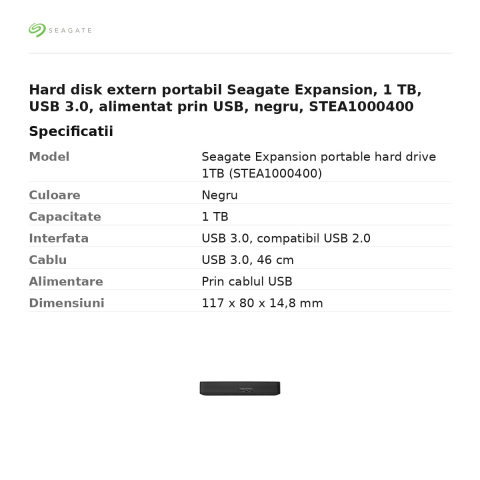 Hard disk extern portabil Seagate Expansion, 1 TB, USB 3.0, alimentat prin USB, negru, STEA1000400 [2]