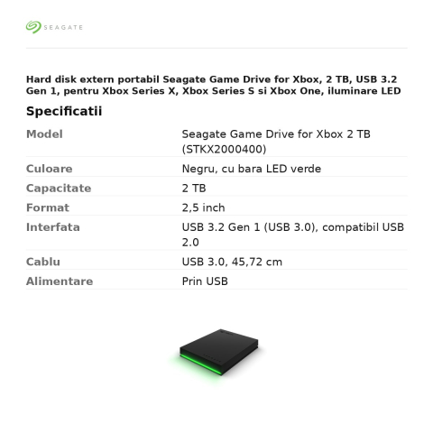 Hard disk extern portabil Seagate Game Drive for Xbox, 2 TB, USB 3.2 Gen 1, pentru Xbox Series X, Xbox Series S si Xbox One, iluminare LED verde, negru, STKX2000400 [2]