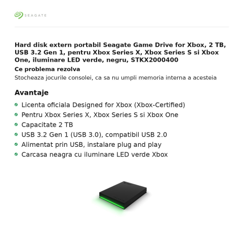 Hard disk extern portabil Seagate Game Drive for Xbox, 2 TB, USB 3.2 Gen 1, pentru Xbox Series X, Xbox Series S si Xbox One, iluminare LED verde, negru, STKX2000400 [1]