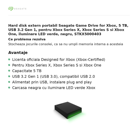 Hard disk extern portabil Seagate Game Drive for Xbox, 5 TB, USB 3.2 Gen 1, pentru Xbox Series X, Xbox Series S si Xbox One, iluminare LED verde, negru, STKX5000403 [1]