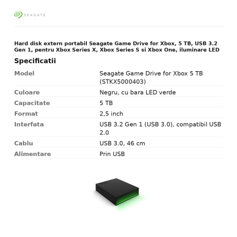 Hard disk extern portabil Seagate Game Drive for Xbox, 5 TB, USB 3.2 Gen 1, pentru Xbox Series X, Xbox Series S si Xbox One, iluminare LED verde, negru, STKX5000403 [2]