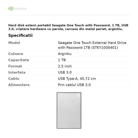 Hard disk extern portabil Seagate One Touch with Password, 1 TB, USB 3.0, criptare hardware cu parola, carcasa din metal periat, argintiu, STKY1000401 [2]