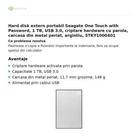 Hard disk extern portabil Seagate One Touch with Password, 1 TB, USB 3.0, criptare hardware cu parola, carcasa din metal periat, argintiu, STKY1000401 [1]