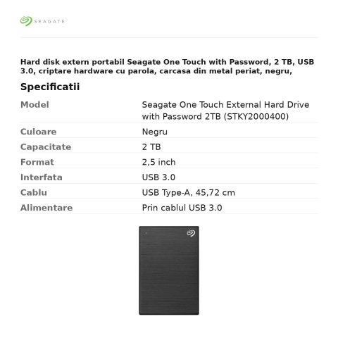Hard disk extern portabil Seagate One Touch with Password, 2 TB, USB 3.0, criptare hardware cu parola, carcasa din metal periat, negru, STKY2000400 [2]