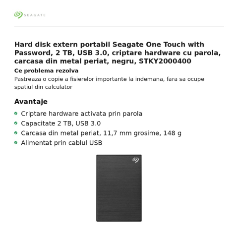Hard disk extern portabil Seagate One Touch with Password, 2 TB, USB 3.0, criptare hardware cu parola, carcasa din metal periat, negru, STKY2000400 [1]