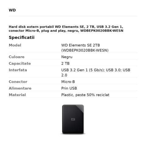 Hard disk extern portabil WD Elements SE, 2 TB, USB 3.2 Gen 1, conector Micro-B, plug and play, negru, WDBEPK0020BBK-WESN [2]