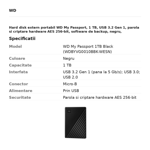 Hard disk extern portabil WD My Passport, 1 TB, USB 3.2 Gen 1, parola si criptare hardware AES 256-bit, software de backup, negru, WDBYVG0010BBK-WESN [2]