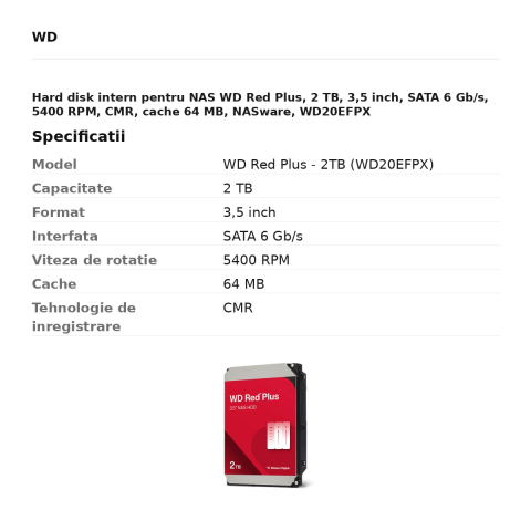 Hard disk intern pentru NAS WD Red Plus, 2 TB, 3,5 inch, SATA 6 Gb/s, 5400 RPM, CMR, cache 64 MB, NASware, WD20EFPX [2]